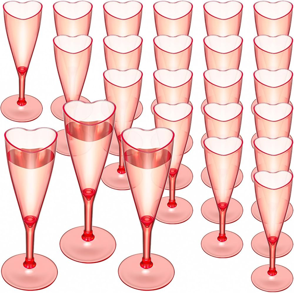 24 Pcs Heart Shaped Champagne Flutes Valentines Plastic Goblet Champagne Cups 4.4oz Disposable Ch... | Amazon (US)