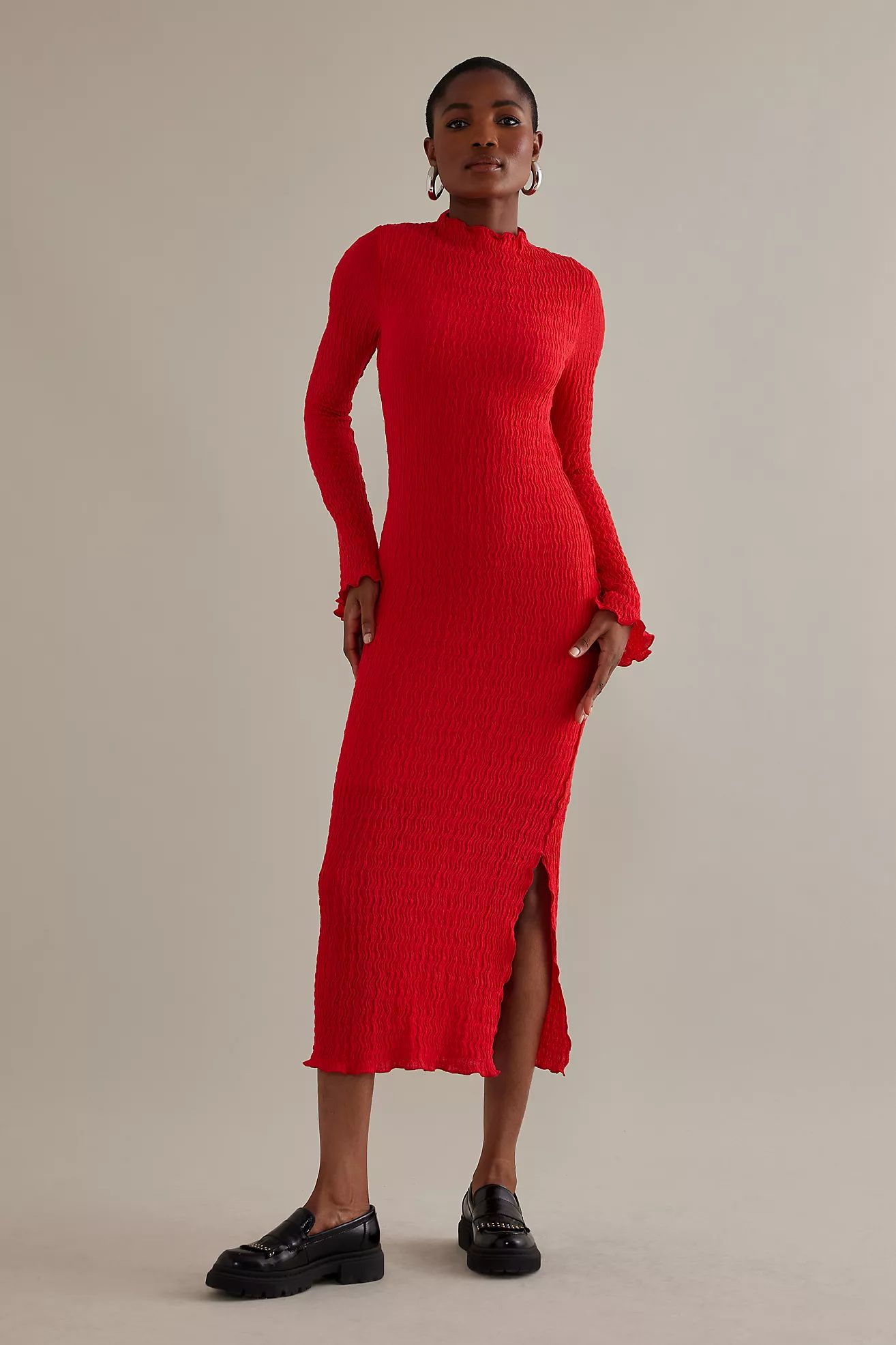 Mila Textured Mock-Neck Long-Sleeve Midi Dress | Anthropologie (UK)