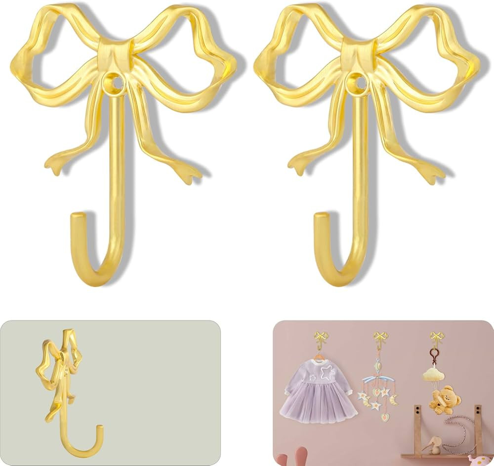 2Pcs Large Size Gold Bow Wall Hook, Gold Coat Hook, Metal Hook, Bow Room Decor Hooks for Coats, C... | Amazon (US)