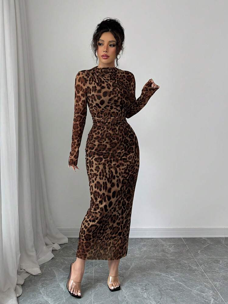 Elenzga Women Elegant Leopard Print Mesh Ruched Bodycon Dress Fall Cloth For Women | SHEIN