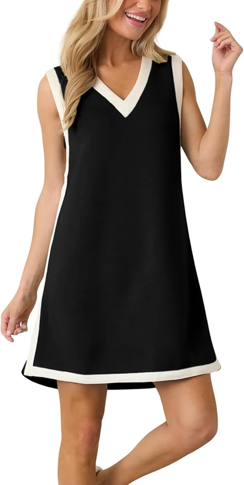 Huaqiao Womens Sleeveless Mini Dress V Neck Color Block Casual Beach Sundress Loose Fit Athletic ... | Amazon (US)