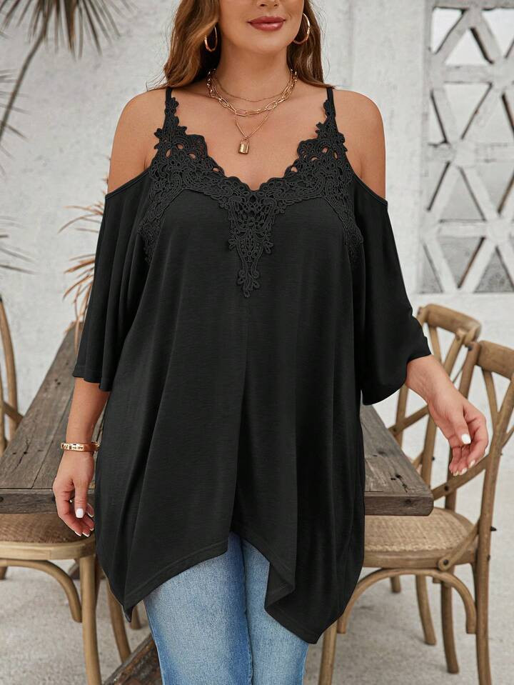 SHEIN Clasi Plus Size Summer Lace Collar Floral Patchwork Cold Shoulder Asymmetrical Hem T-Shirt | SHEIN