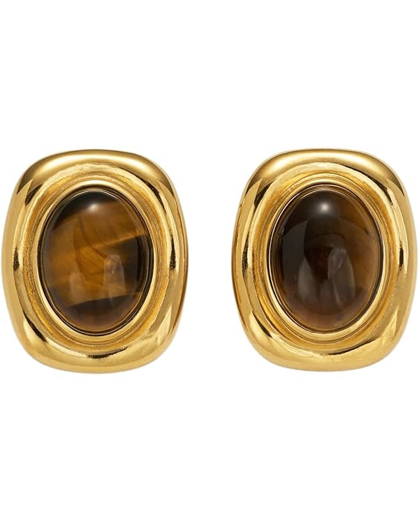 Elegant 18K Gold Plated Stainless Steel Oval Brownn Gemstone Stud Earrings for Women, Waterproof ... | Amazon (US)