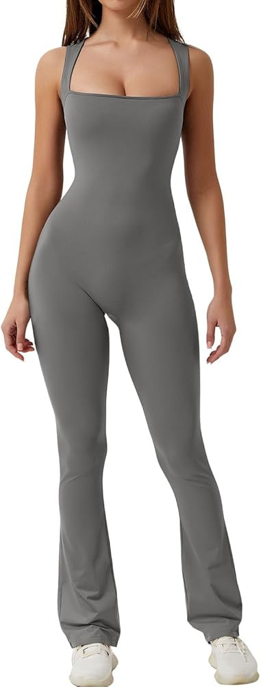 Flare Jumpsuits for Women Strappy Square Neck Bodycon Full Length Long Pants Casual Playsuit | Amazon (US)