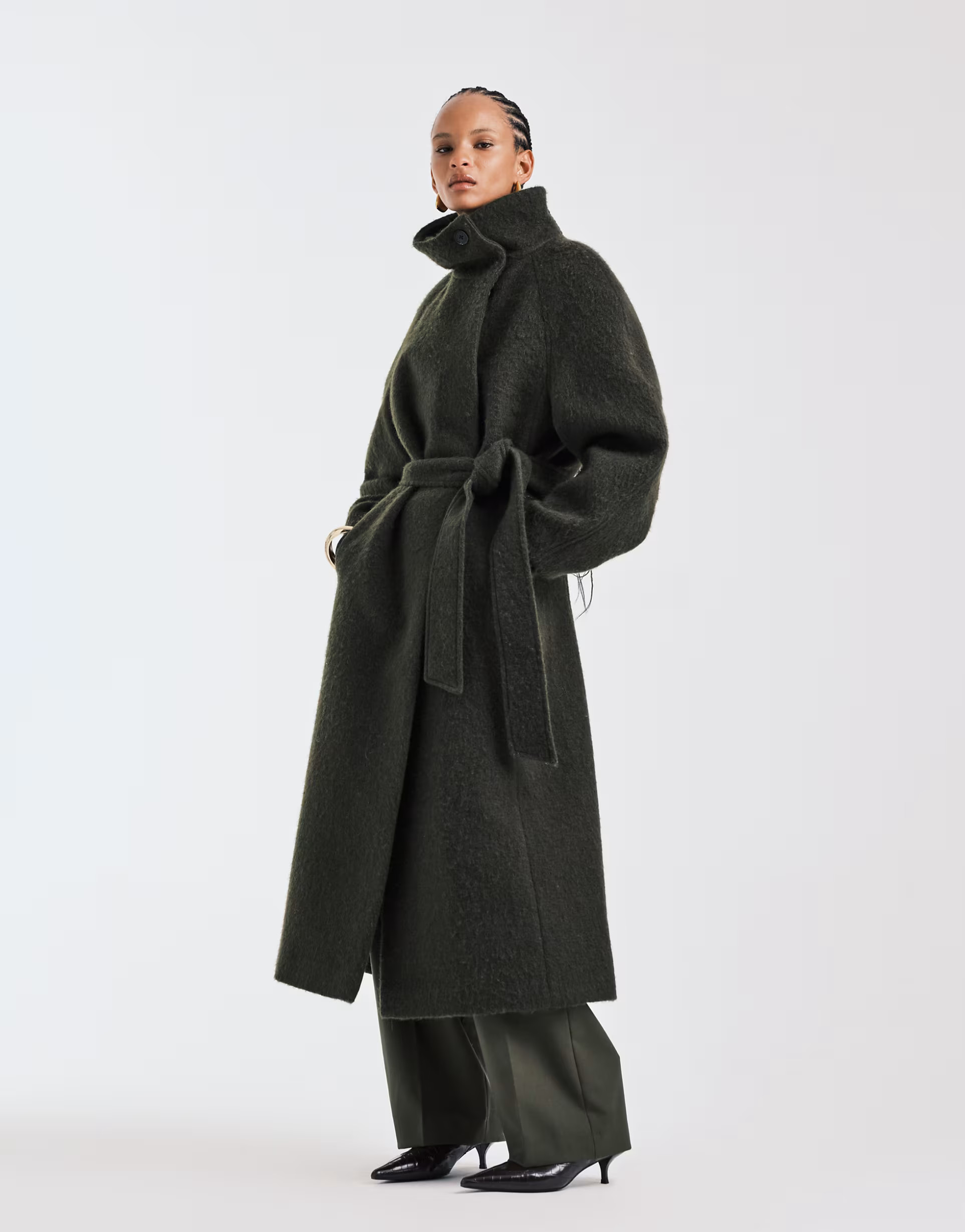 ASOS DESIGN premium brushed wool blend oversized funnel neck coat in khaki | ASOS | ASOS (Global)