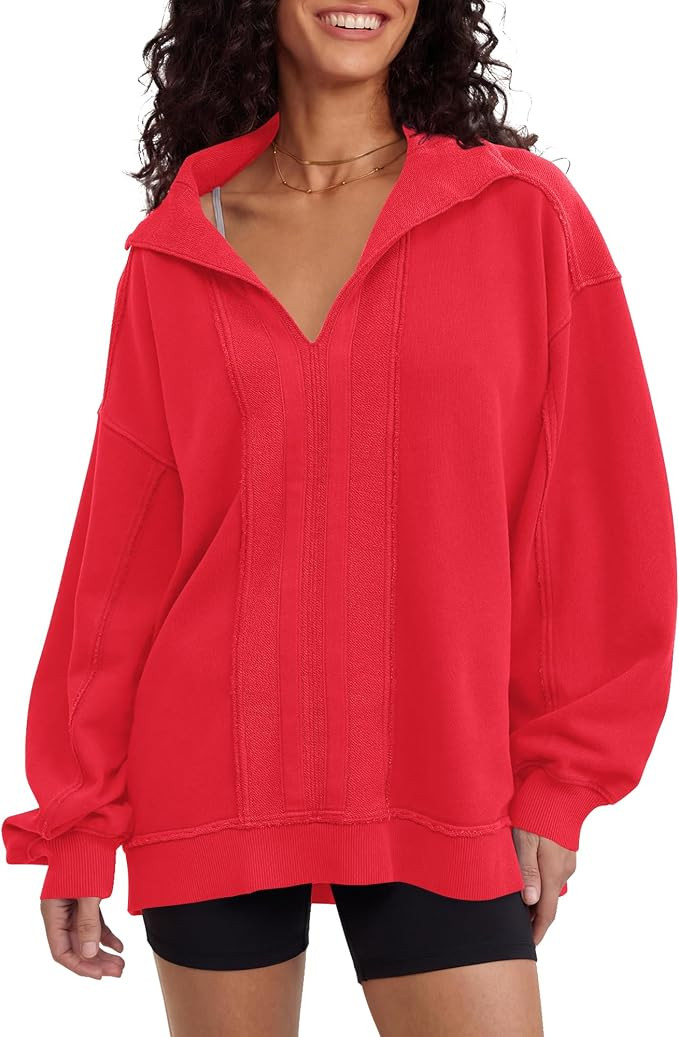 Locachy Women's Casual Oversized Sweatshirt V Neck Long Sleeve Pullover Tops Fashion Outfits Clot... | Amazon (US)