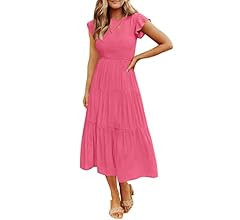 ZESICA Women's 2023 Summer Casual Flutter Short Sleeve Crew Neck Smocked Elastic Waist Tiered Mid... | Amazon (US)