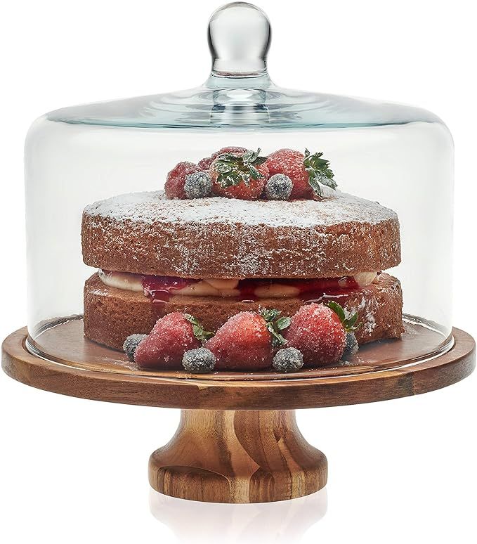 Amazon.com | Libbey Acaciawood Footed Round Wood Server Cake Stand with Glass Dome: Cake Stands | Amazon (US)