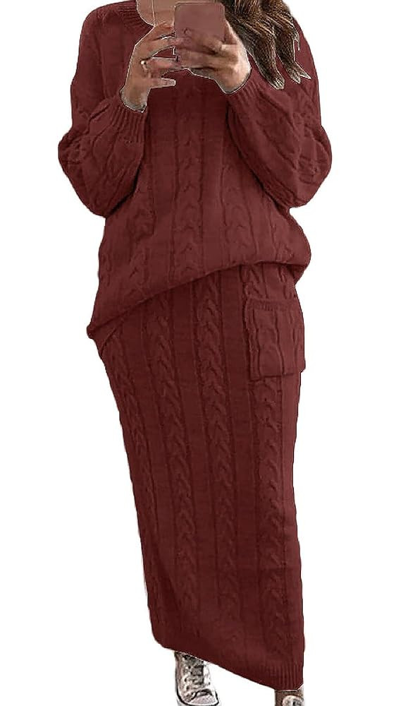 utcoco Womens Sweater Sets Winter Chunky Cable Knit 2 Piece Outfits Sweater Skirt Set | Amazon (US)
