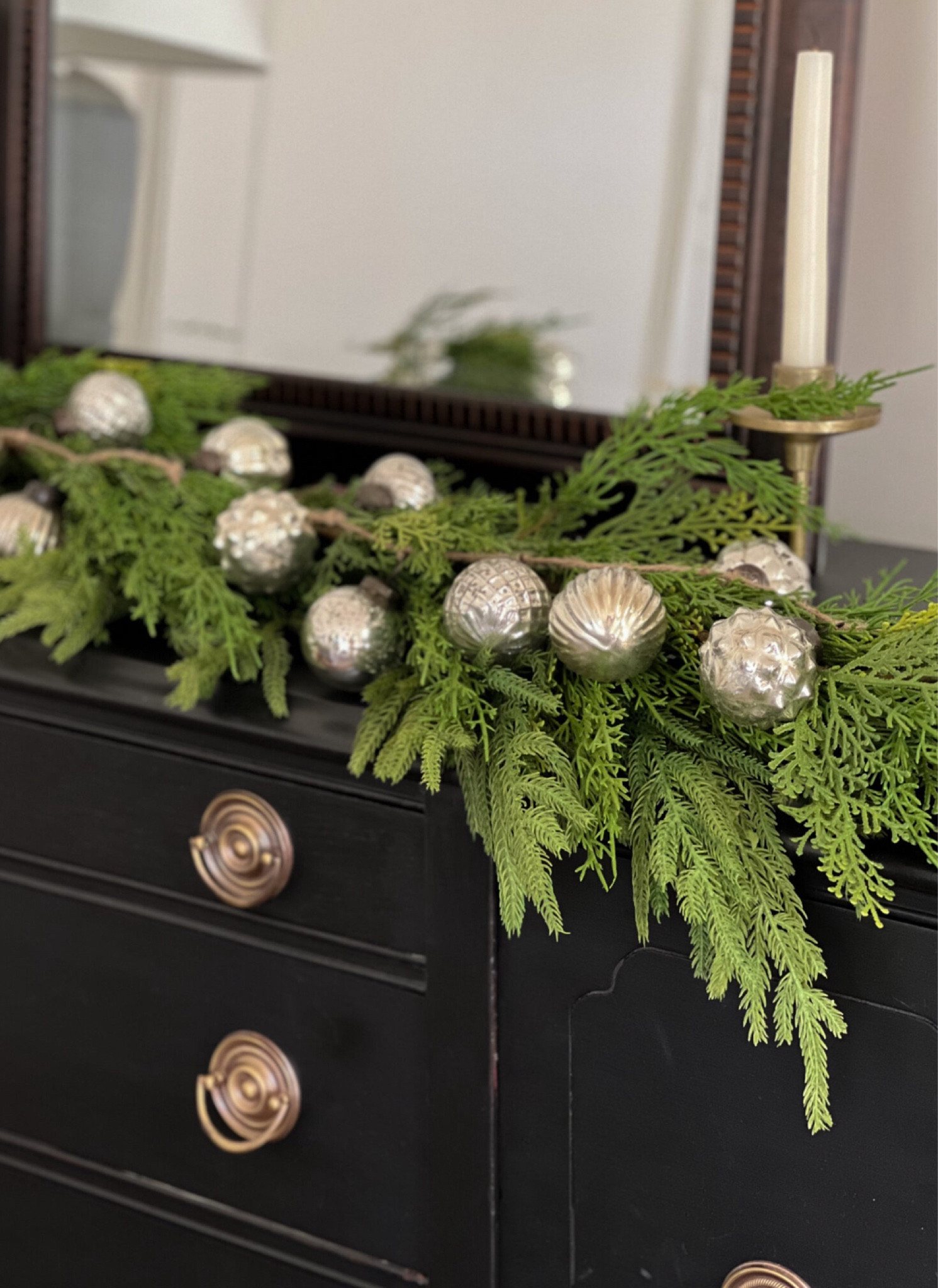Garland plus mercury glass for a classic look. The Norfolk garland is 25% off. 