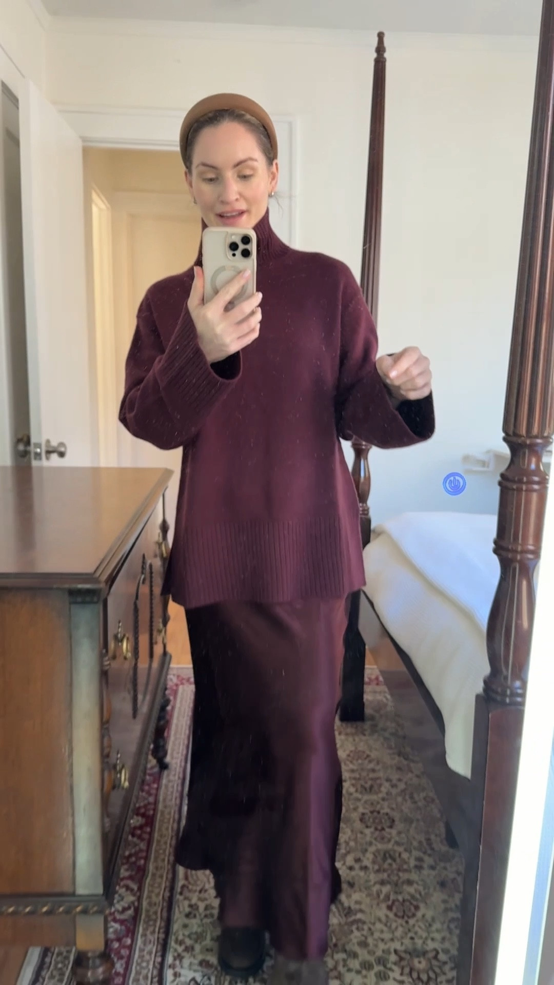 Comfy but cute. Love the silk maxi skirt with this 100% wool mock neck sweater. Loving this burgundy look! I just re-ordered both the sweater and the skirt in chocolate brown. 

Wool sweater, & other stories, & other stories sweater, oversize sweater, burgundy sweater, mock neck, mock neck sweater, elegant style, chic style, silk, silk skirt, silk maxi skirt

#LTKootd #LTKWorkwear #LTKHoliday