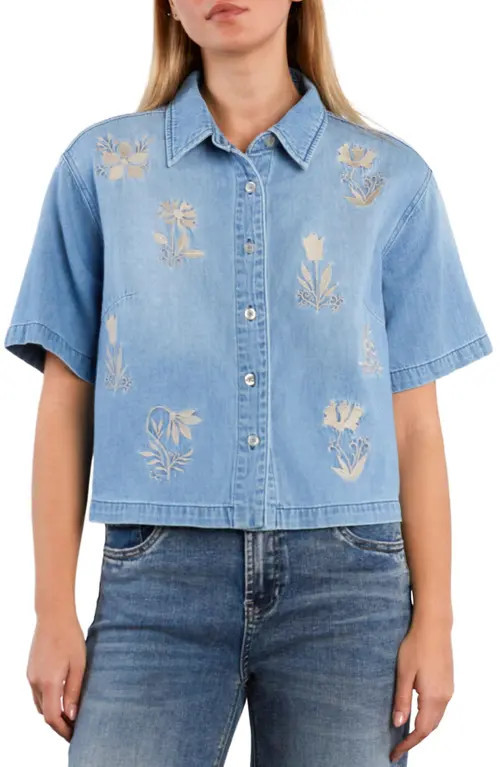 HINT OF BLU Floral Stitched Crop Denim Shirt in Fleur Blue at Nordstrom, Size Small | Nordstrom