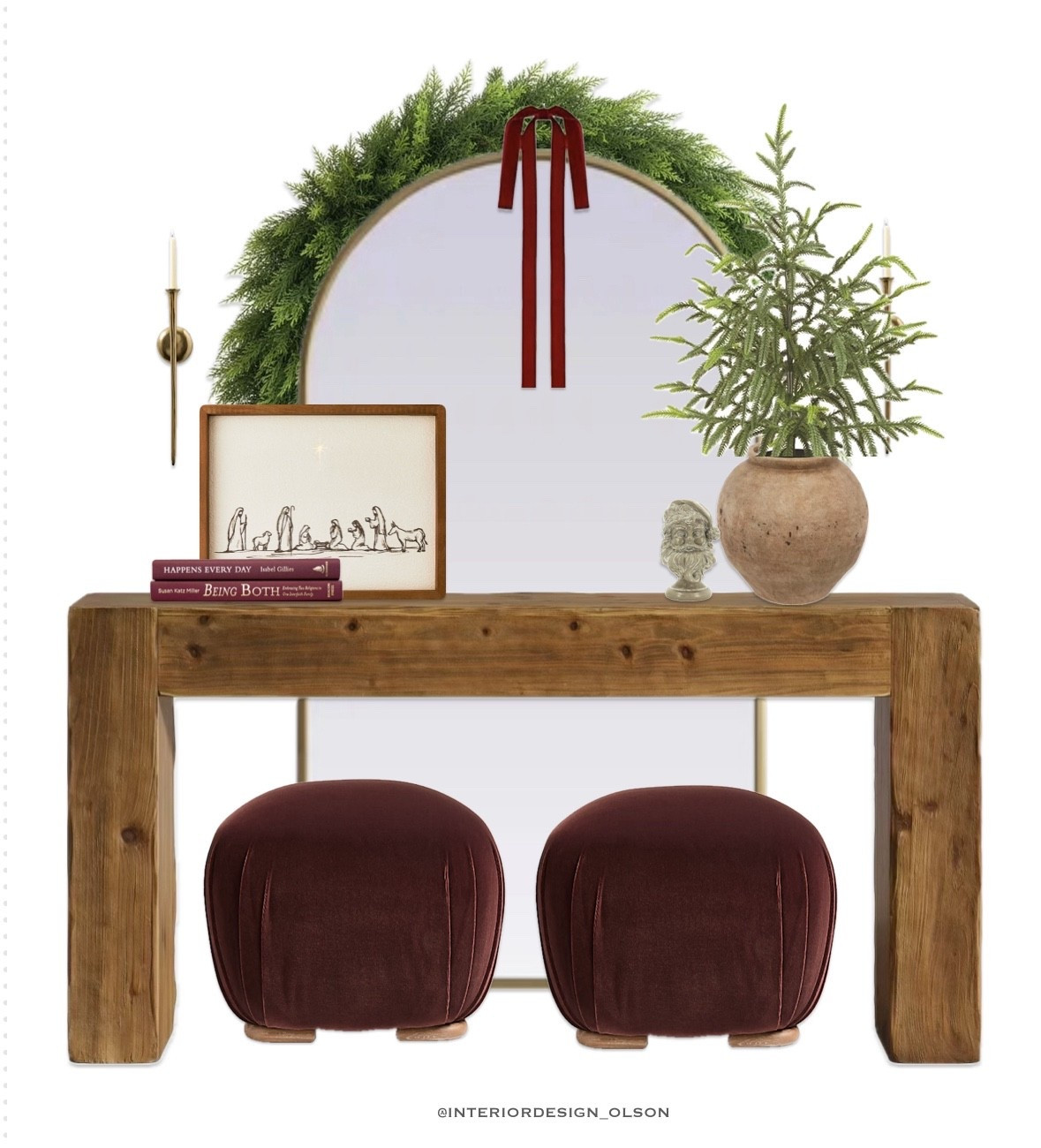 Classic & Organic Christmas Console Styling

✨ How to style your console table for Christmas — Option 1 ✨
This look blends natural greenery, timeless neutrals, and a touch of holiday magic. The arch mirror with cedar garland, velvet ribbon, and simple accents like the nativity art and Santa bust bring warmth and elegance without feeling overdone.

Perfect for entryways or living rooms — it’s festive, elevated, and easy to recreate.

#ConsoleTableDecor #ChristmasDecor #HolidayStyling #EntrywayDecor #ChristmasInspo #NeutralChristmas #HolidayHome #GarlandDecor #LTKHome #InteriorDesign #ChristmasEntryway #ClassicChristmas #HolidayAesthetic