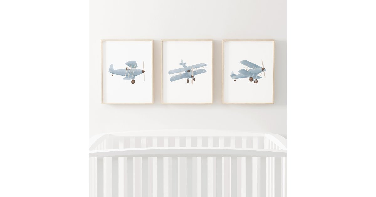 Blue Watercolor Biplane Boy Travel Nursery Decor Wall Art Sets | Zazzle | Zazzle