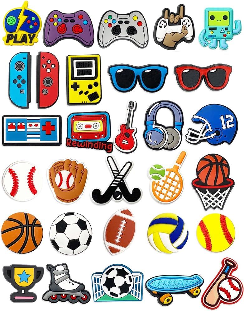 30 PCS Shoe Charms Fits for Boys, Sports, Basketball, Football, Baseball, Soccer, Volleyball, Vid... | Amazon (US)