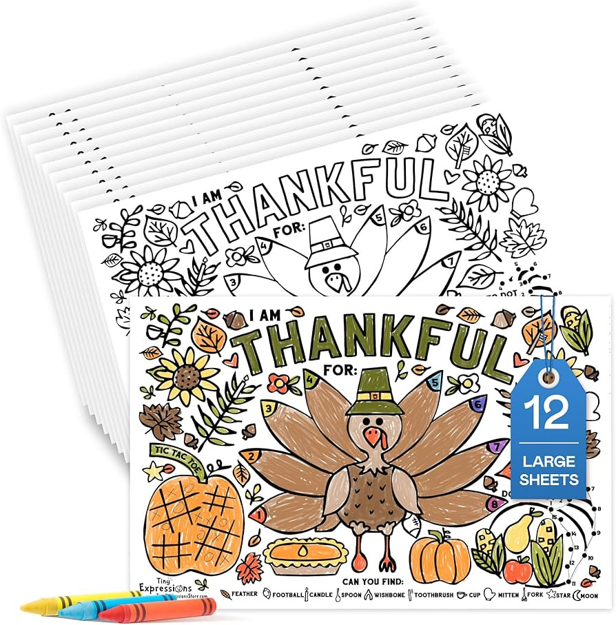 Tiny Expressions - Thanksgiving Coloring Placemats for Kids - Set of 12 Paper Placemats to Color,... | Amazon (US)