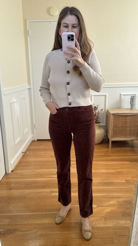 Comfortable and chic holiday outfit or look for Christmas Day. These corduroy pants are super comfortable and have just enough stretch. TTS. They’re currently 25% off. This outfit is also a good work option. The color of the pants is called rosewood and has a slight burgundy undertone but are mostly brown. 

#LTKworkwear #LTKHoliday #LTKSeasonal