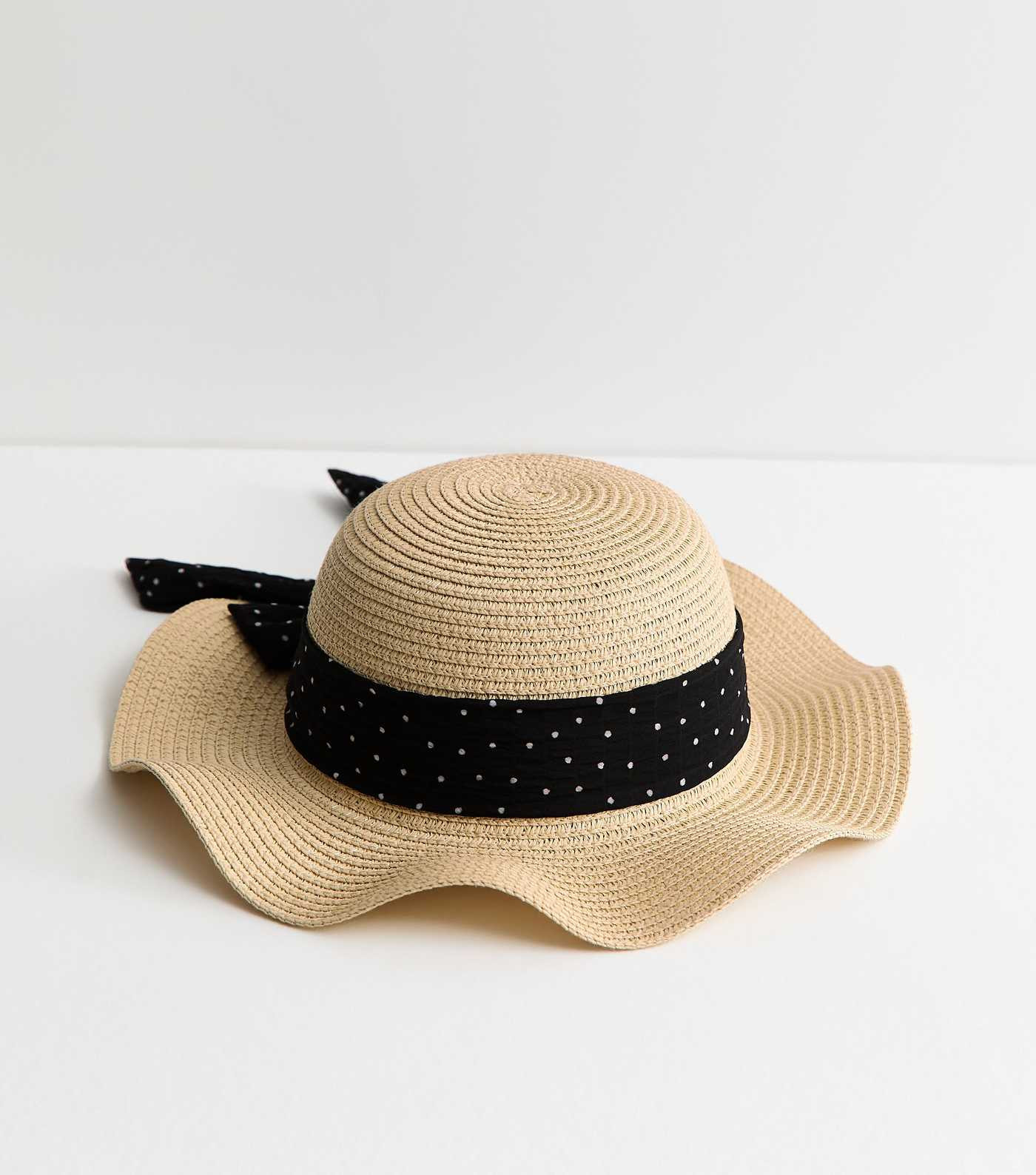 Stone Wavy Brim Straw Hat with Polka Dot Bow | New Look | New Look (UK)