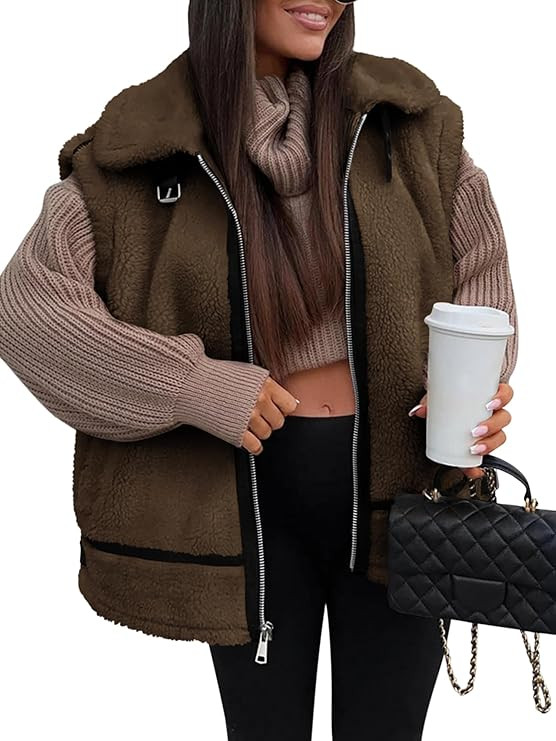 Women's Zip Up Sherpa Shacket Jacket Sleeveless Faux Fur Warm Fall Winter Outwear Fuzzy Fleece Co... | Amazon (US)
