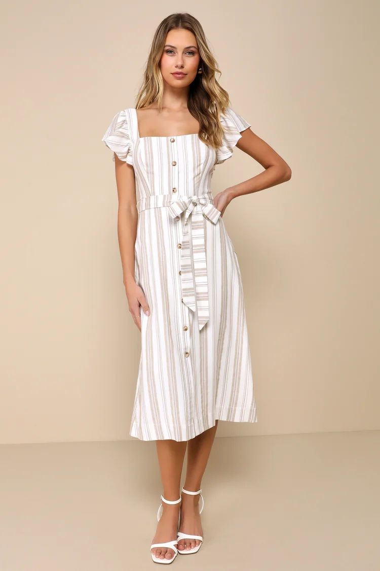 Mediterranean Moves White Striped Flutter Sleeve Midi Dress | Lulus