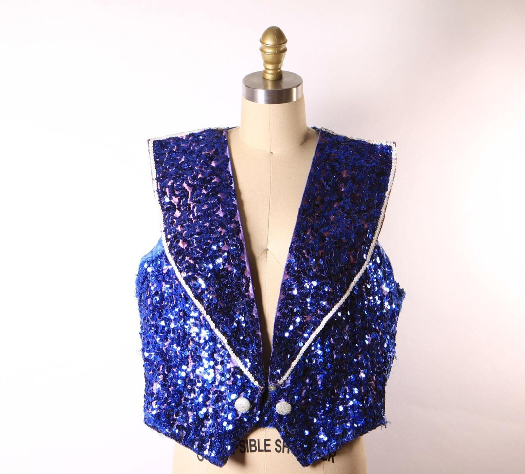 1950s 1960s Blue Sequin Sleeveless Vest Showgirl Burlesque Costume Ringmaster Jacket -1XL | Etsy (US)