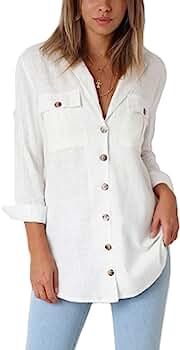 Vetinee Women's Casual Button Down Blouse Shirts Cuffed Sleeve Loose T-Shirt Tops | Amazon (US)