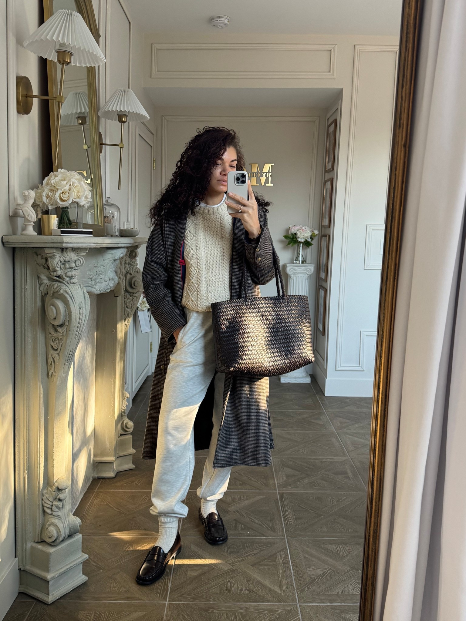 Casual outfit idea: barn coat, joggers, tote bag, cable knit sweater, socks, loafers 

#LTKootd