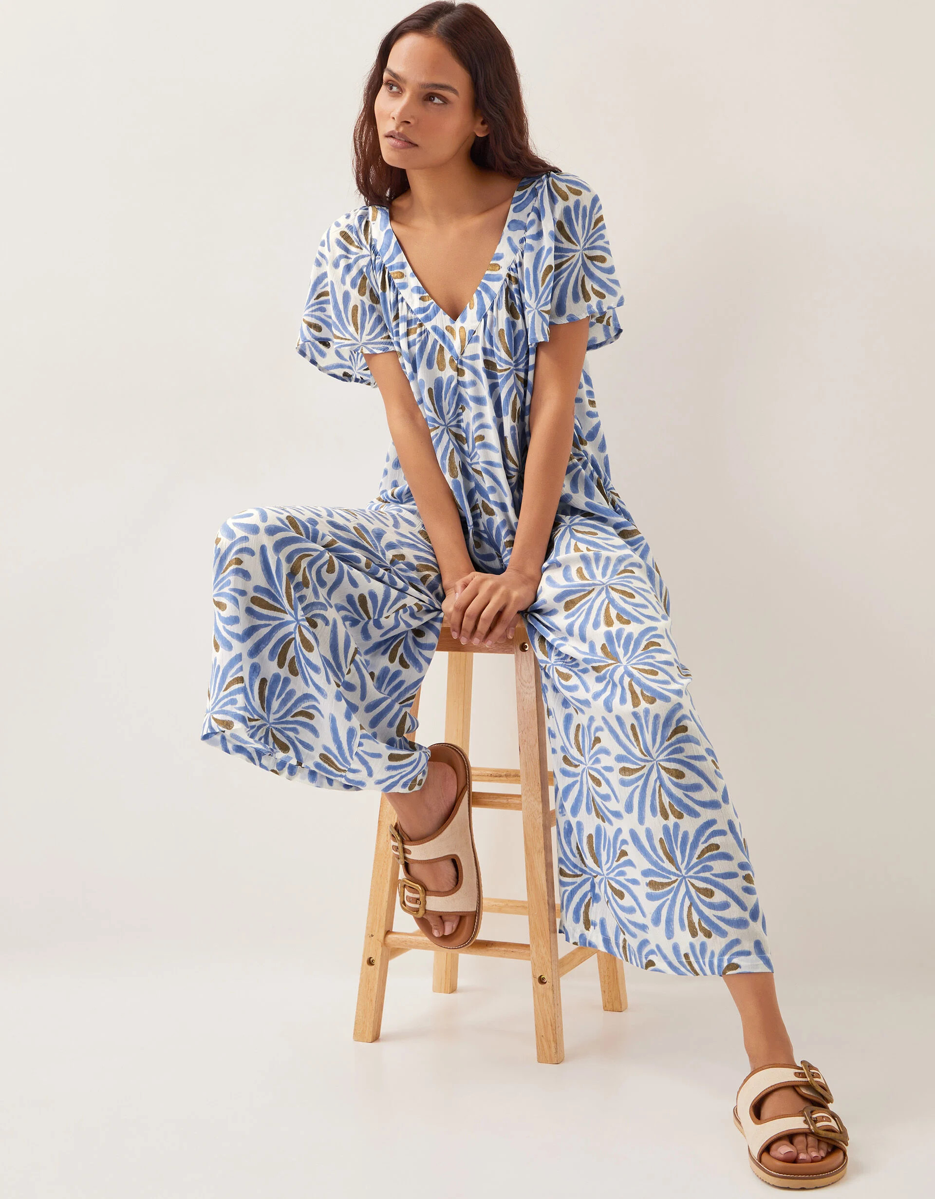 Cece Woodblock Wide-Leg Jumpsuit Blue | Monsoon (UK)