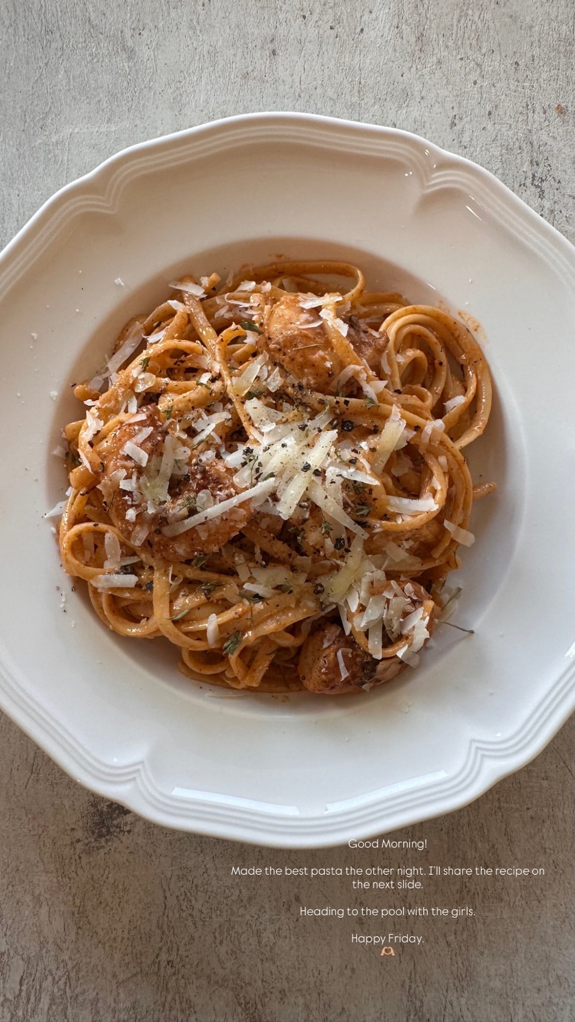 Good Morning!

Made the best pasta the other night. I’ll share the recipe on the next slide. 

Heading to the pool with the girls. 

Happy Friday. 
🫶🏼

#FridayFeels #FaithAndJoy #Over40Community #ChristianEncouragement #LittleWins #JoyfulLiving #ChristianInfluencer #WeekendMindset

#LTKfoodie #LTKdayinmylife #LTKstorytime