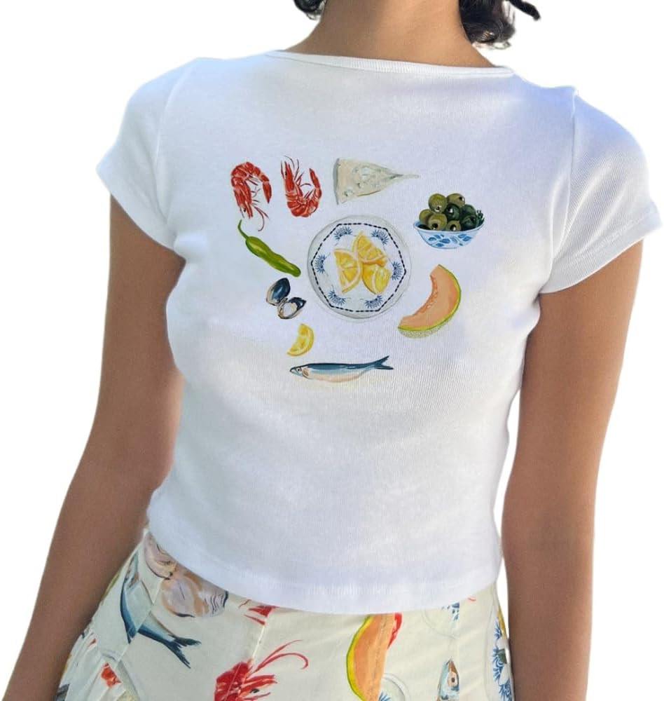 Women Y2K Baby Tees Vintage Graphic Fruit Print Crop Tops Cotton Aesthetic E-Girls Cute Shirt for... | Amazon (US)