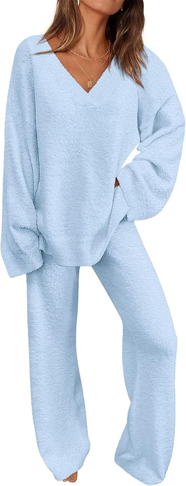 PRETTYGARDEN Women's 2 Piece Pullover Sweater Set Fall Oversized V Neck Top Wide Leg Pants Fuzzy ... | Amazon (US)