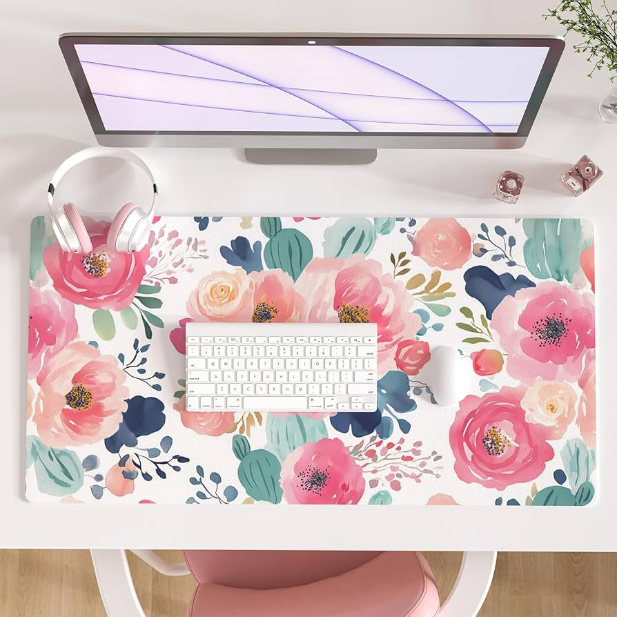Colorful Star Large Mouse Pad, Pink Floral Desk Mat for Desktop, Women Girls Flowers PU Leather W... | Amazon (US)