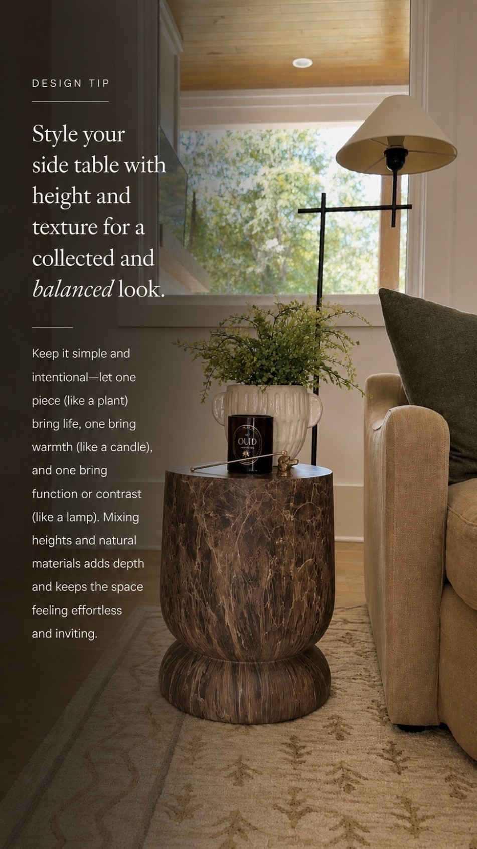 A beautifully styled side table only needs a few thoughtful layers 🤎 Mix a statement lamp, greenery, a candle, and a small decorative accent at different heights to create warmth, texture, and balance without overwhelming the space.

#porcheandco #SideTableStyling #LivingRoomDecor #HomeStyling #InteriorInspo

#LTKHome #LTKvlog