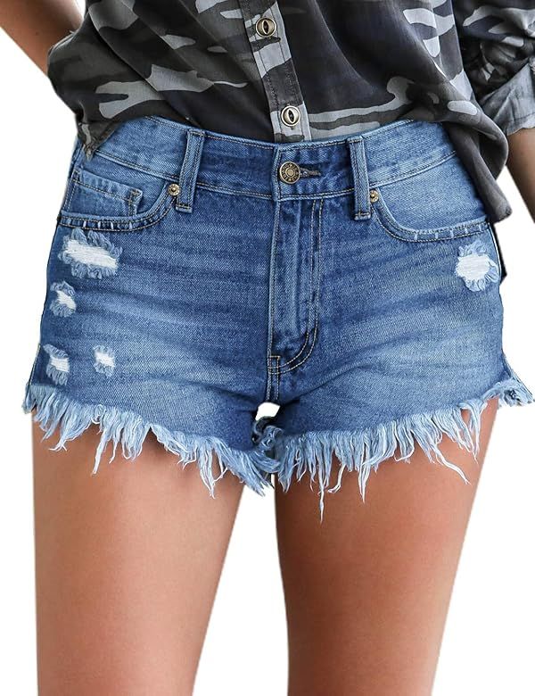 luvamia Women Casual High Waisted Denim Shorts Frayed Raw Hem Ripped Jeans Shorts | Amazon (US)