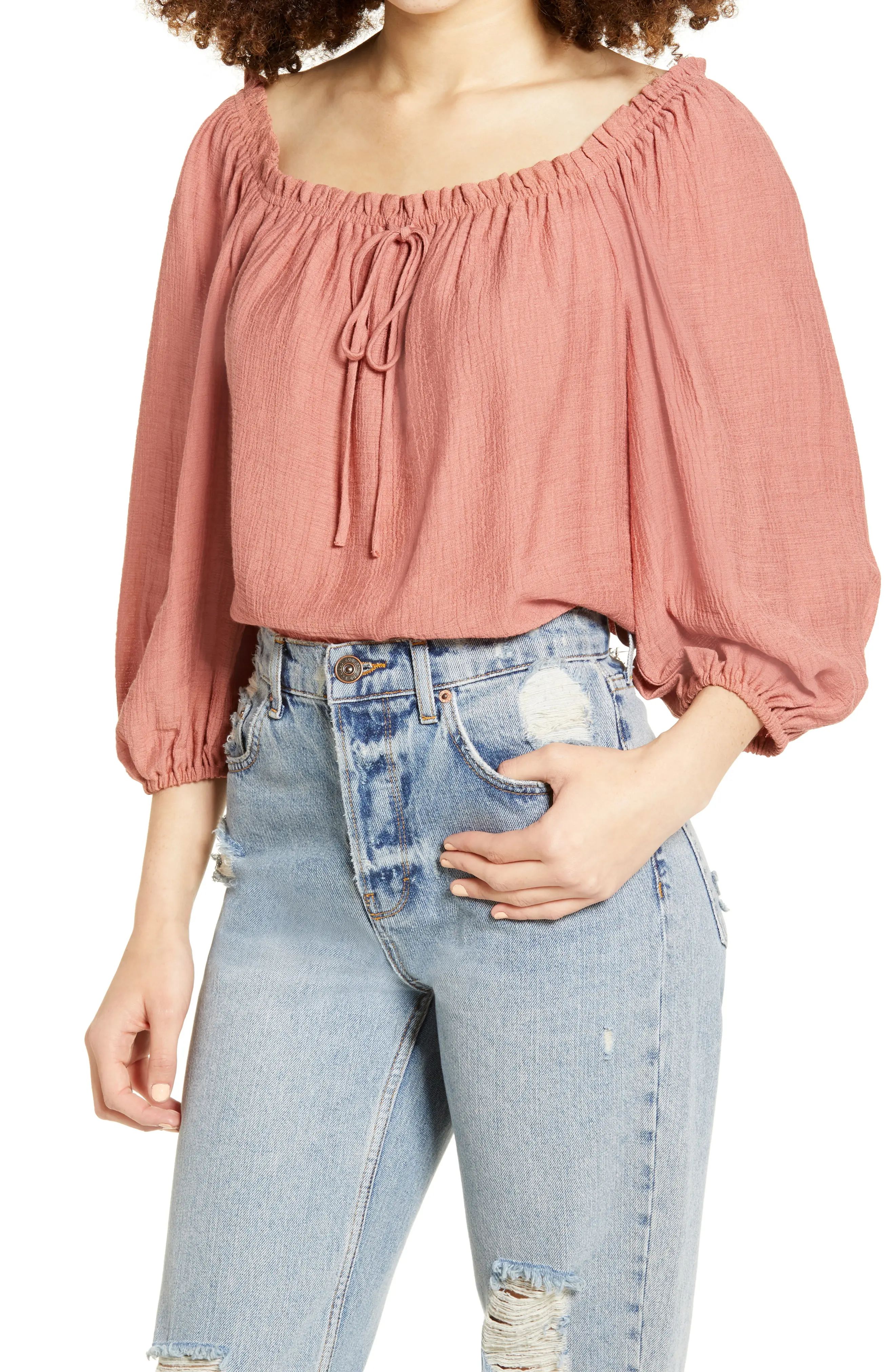 Women's All In Favor Tie Neck Peasant Top, Size Small - Coral | Nordstrom