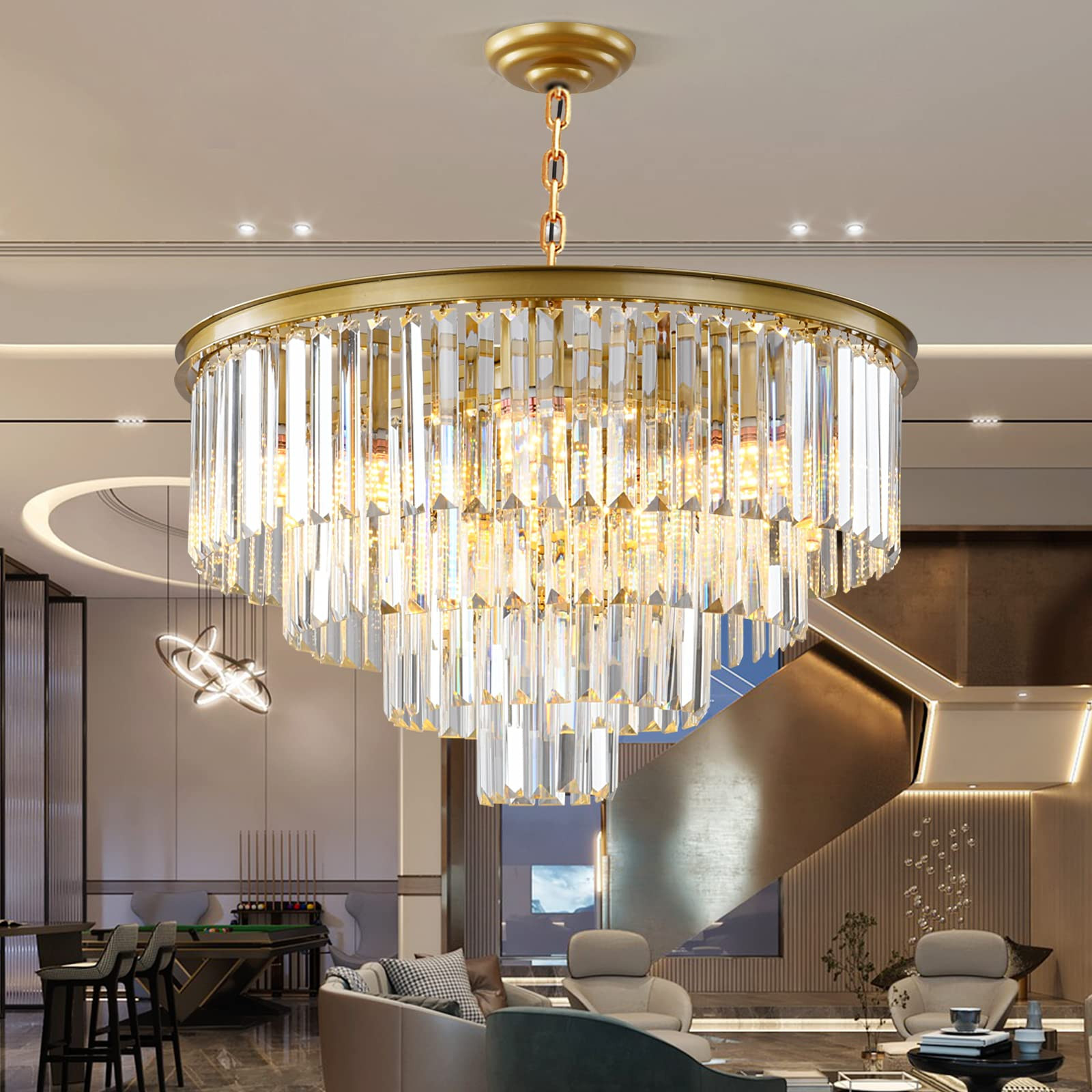 Gold Modern Crystal Chandelier, 4-Tier Round Flush Mount Ceiling Light Fixtures Height Adjustable... | Amazon (US)