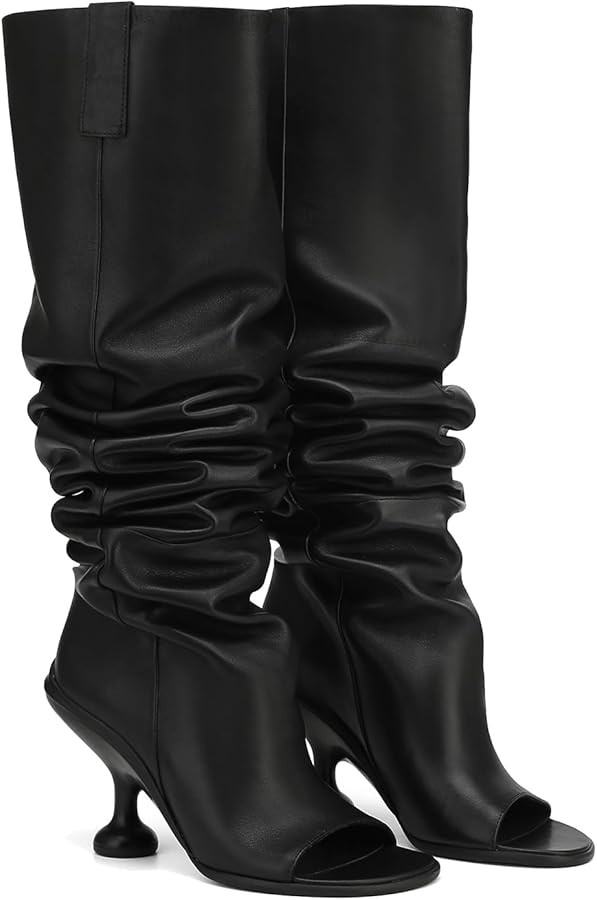 Women's Leather Knee High Boots Open Square Toe Pull On Slouchy Wide Calf Boots | Amazon (US)