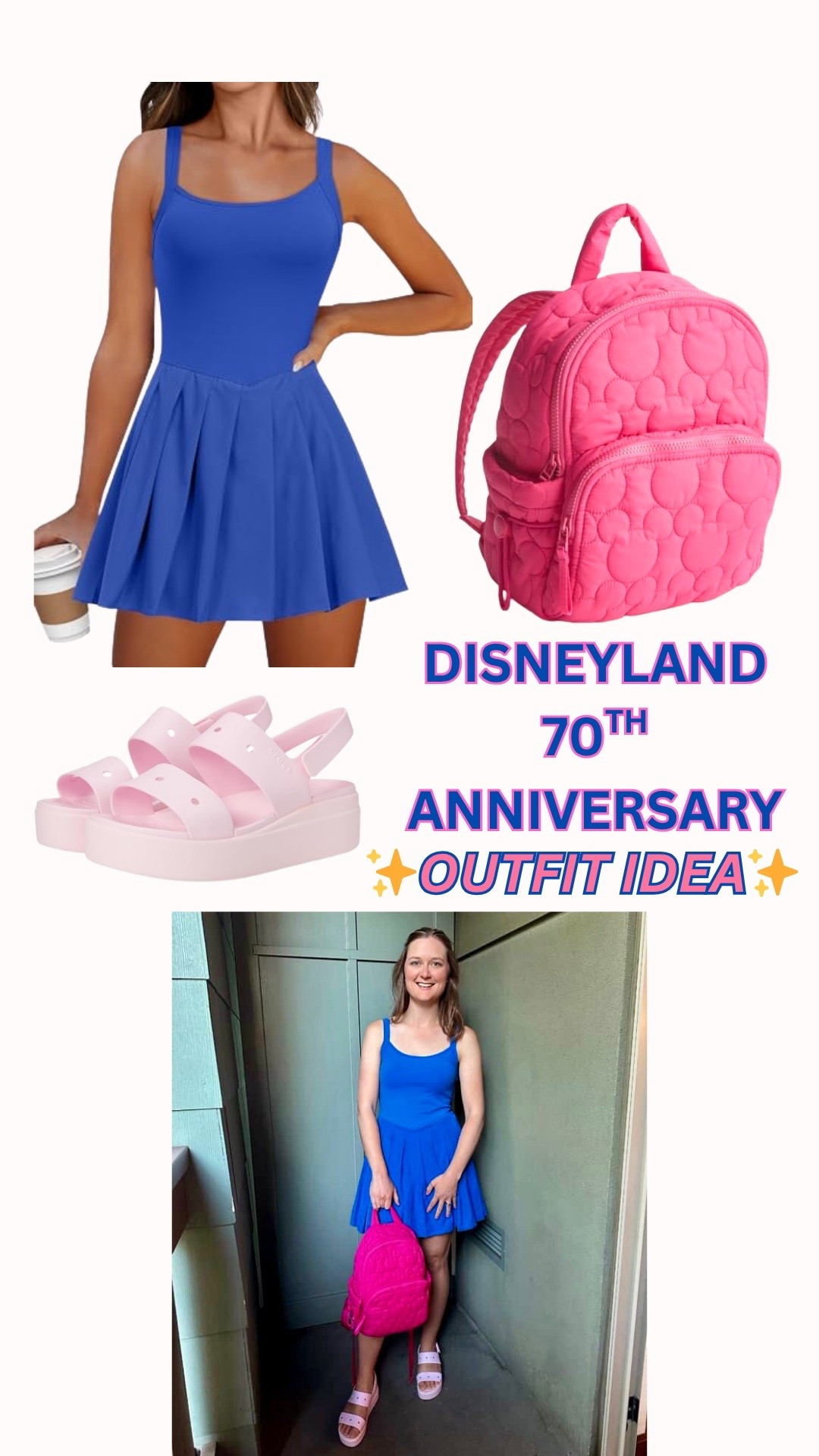 Easy Disneyland 70th Anniversary Outfit Idea! This is a very comfortable Royal blue athletic dress, croc wedges, and Vera Bradley backpack that follows the colors of the celebration! Consider this for your park & travel outfit! The shoes and dress come in a variety of colors  

#LTKTravel #LTKItBag #LTKSeasonal