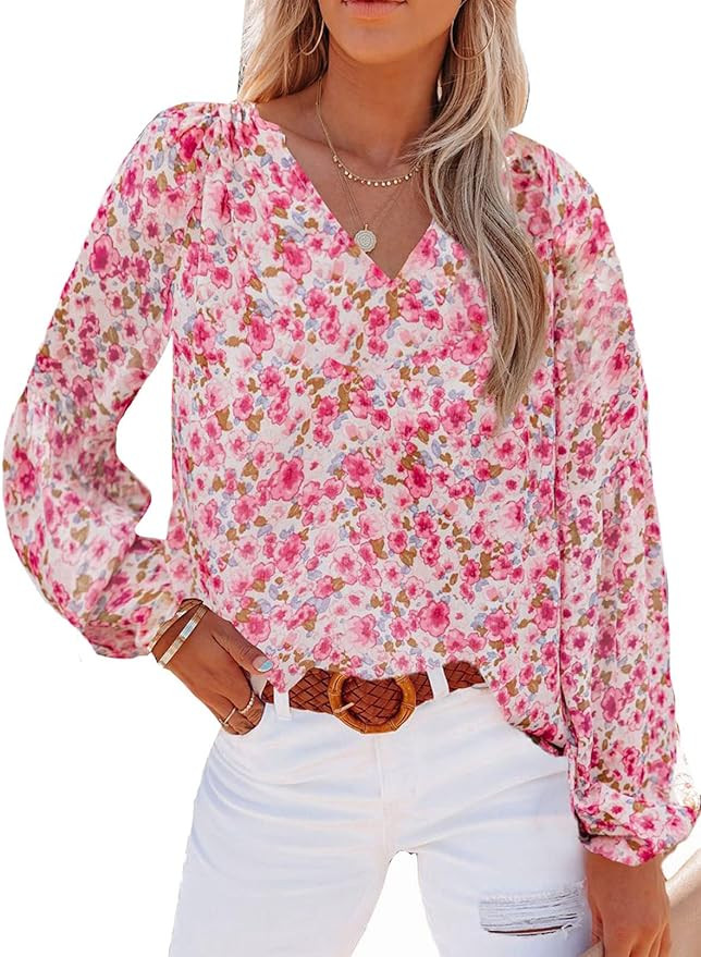 SHEWIN Womens Casual Boho Floral Print V Neck Long Sleeve Loose Blouses Shirts Tops | Amazon (US)