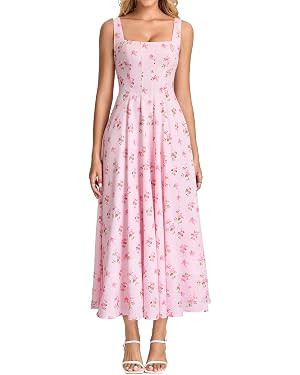 Floral Corset Midi Dress Casual Lace Up Flowy A Line Square Neck Wedding Guest Summer Dress for W... | Amazon (US)