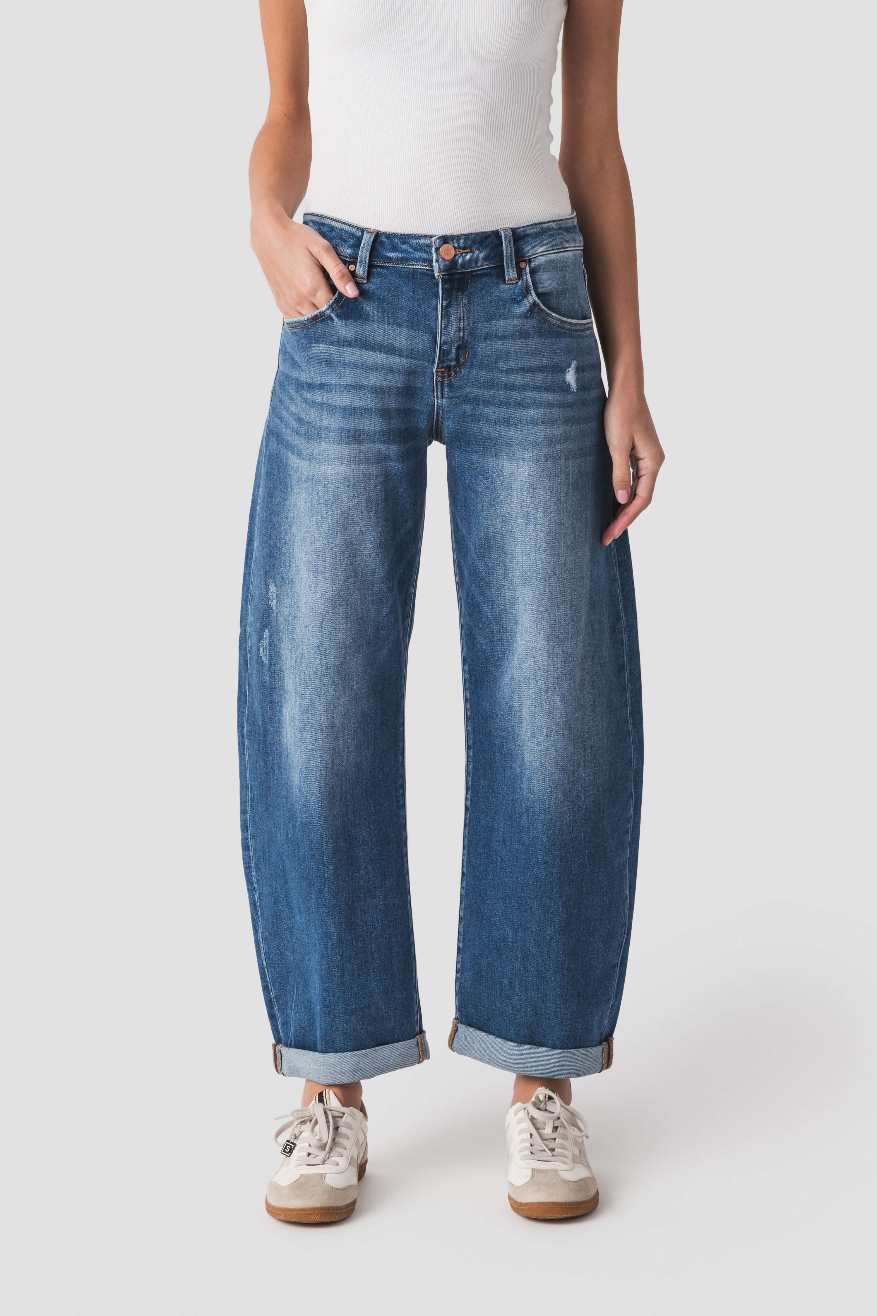 Risen Juliet Mid Rise Barrel-Double roll up Jeans | Social Threads