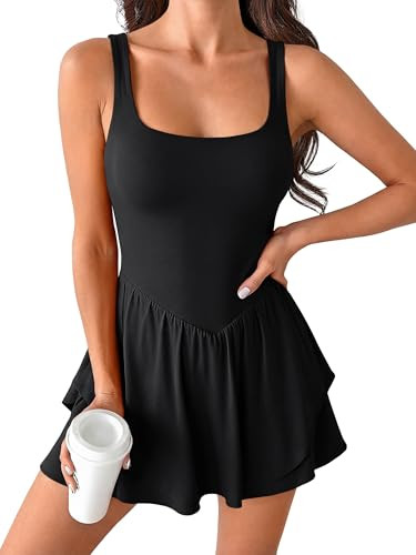 Caracilia Women Tennis Dress Square Neck 2 Layers Hem Built in Shorts and Bra Workout Athletic Go... | Amazon (US)