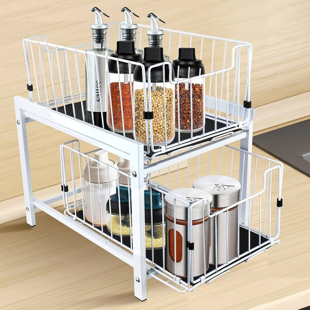 ZMJESSNIA Under Sink Organizer, 2 Tier Sliding Basket Drawer Organizer, Pull Out Under Sink Cabin... | Amazon (US)