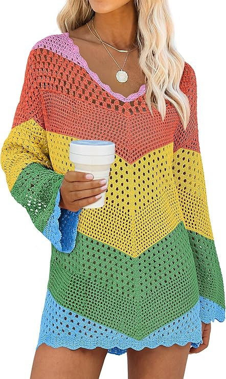 ANRABESS Swimsuit Cover Up for Women Crochet Bathing Suit Summer Swimwear V Neck Mesh Knit Dress ... | Amazon (US)