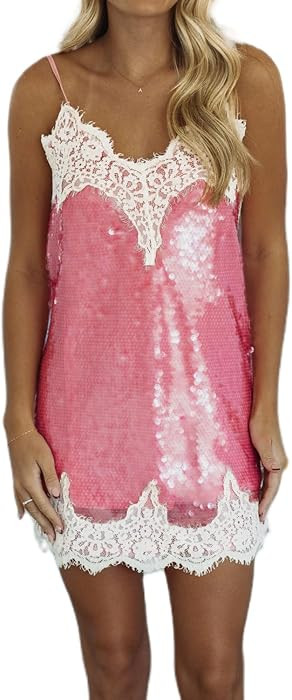 Women Lace Patchwork Cami Dress Y2k Sequin Spaghetti Strap Sexy Sparkly Glitter Going Out Slip Mini Dress | Amazon (US)
