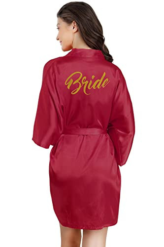 EPLAZA Bride Bridesmaid Robes for Wedding Bridal Party Women Short Solid Color Silky Satin Robe Kimono with Gold Glitters (Burgundy, Bride) | Amazon (US)