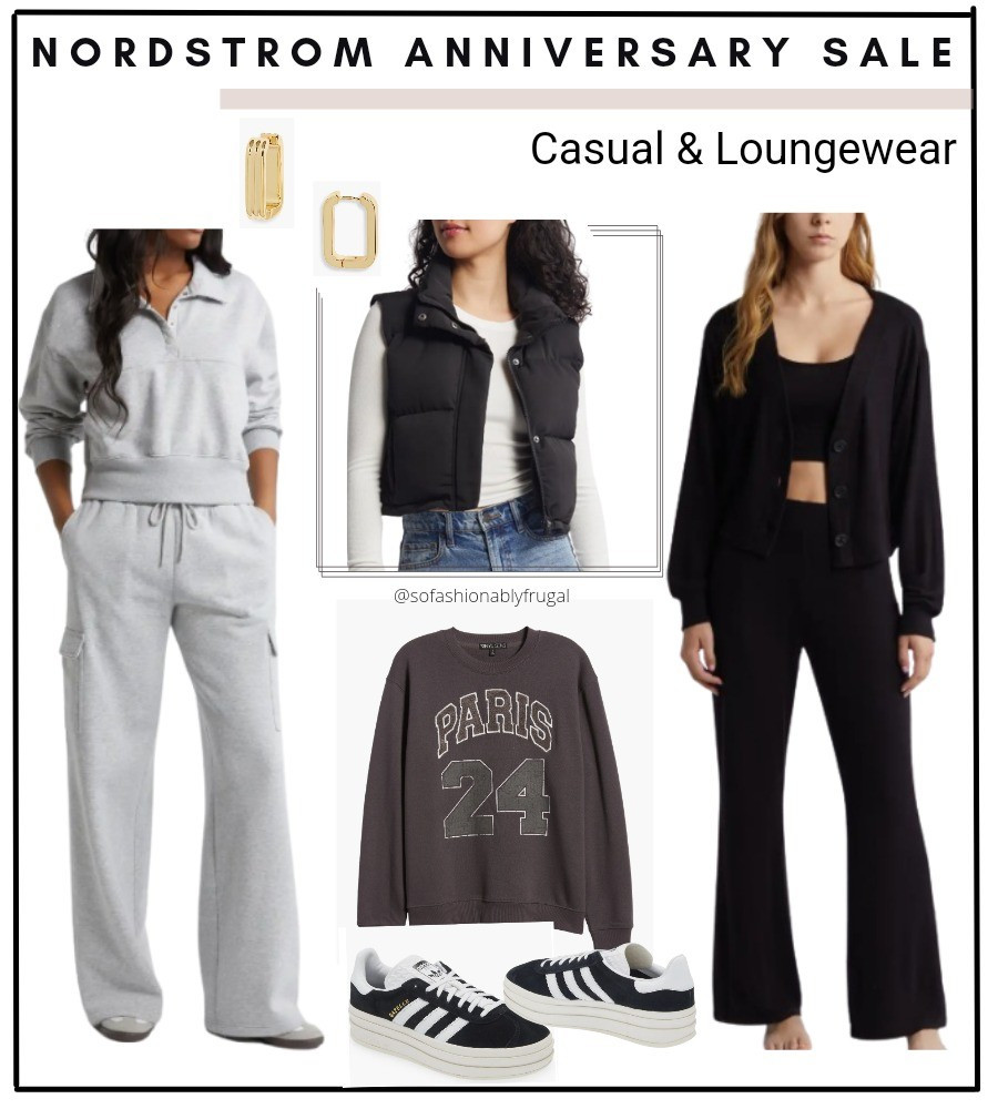Nordstrom Anniversary Sale Casual & Loungewear Picks! Crop Sweatshirt, sweatpants, lounge set, 3 piece set, sweater, puffer vest, crop, knit cardigan, graphic sweatshirt, adidas gazelle platform sneaker, BP, madewell jewelry, allsaints, Zella,  bombas, rib hoop earrings. Nightshade, pajamas, cozy, comfortable.

#LTKSummerSales #LTKxNSale #LTKSaleAlert