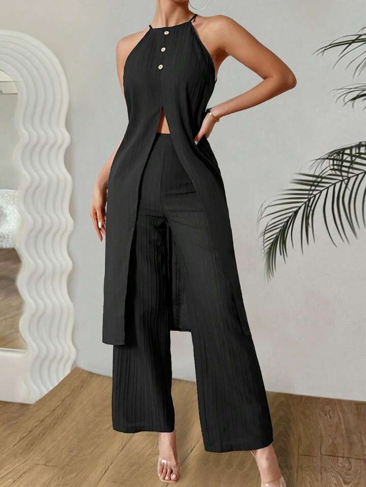 SHEIN Clasi Solid Color Sleeveless Halter Top & Pants Set With Side Slits | SHEIN USA | SHEIN