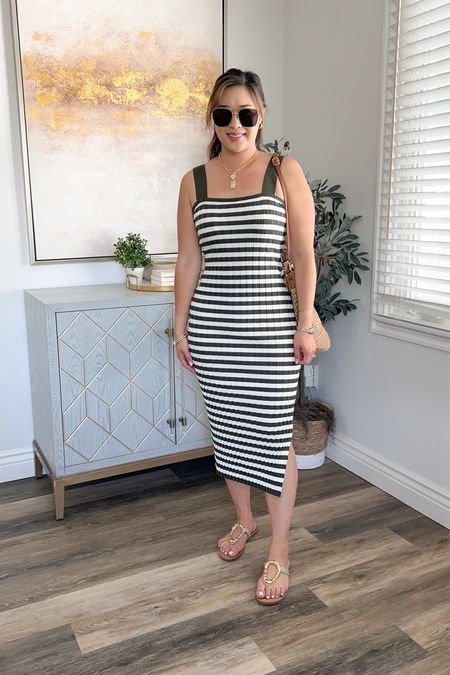 Amazon Striped Bodycon Dress: Medium  
Target Thong Sandals
