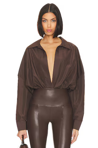 Norma Kamali Oversized Boyfriend Shirt Bodysuit in Chocolate from Revolve.com | Revolve Clothing (Global)